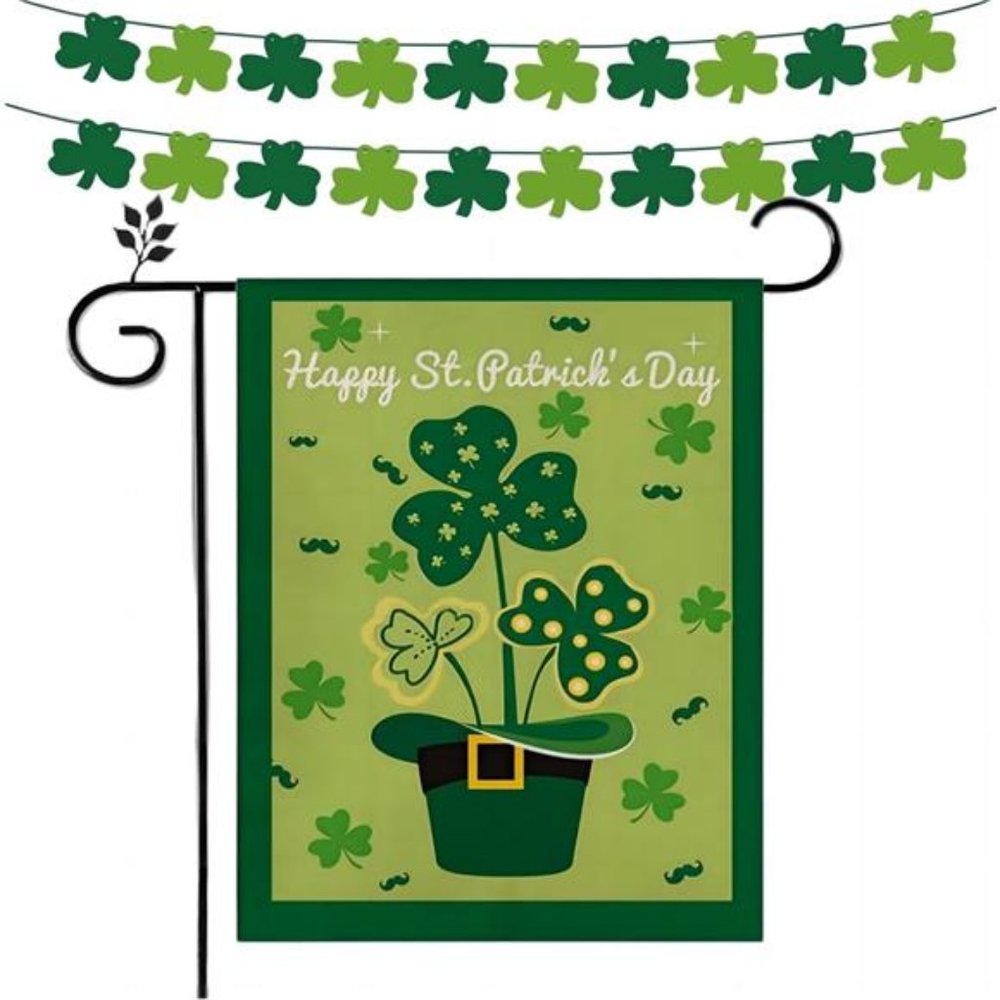 St-Patricks Day Garden Flags Decorations - 3Pack: Flag & Shamrock Felt Banner